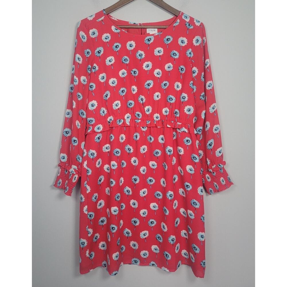 J. Crew Womens 10 Floral Long Sleeve A Line Knee Length Dress Lined Red Blue